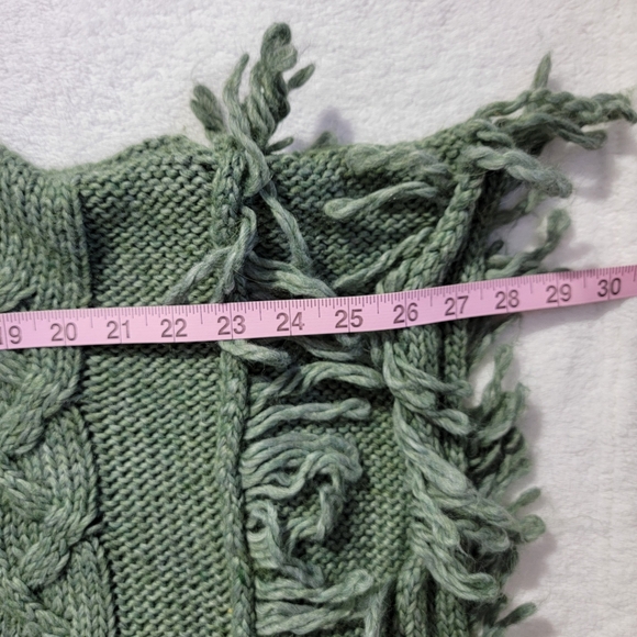 Betty Betty Wool Blend Fringe Poncho Turtleneck Sweater Green Chunky Knit L - Picture 11 of 13